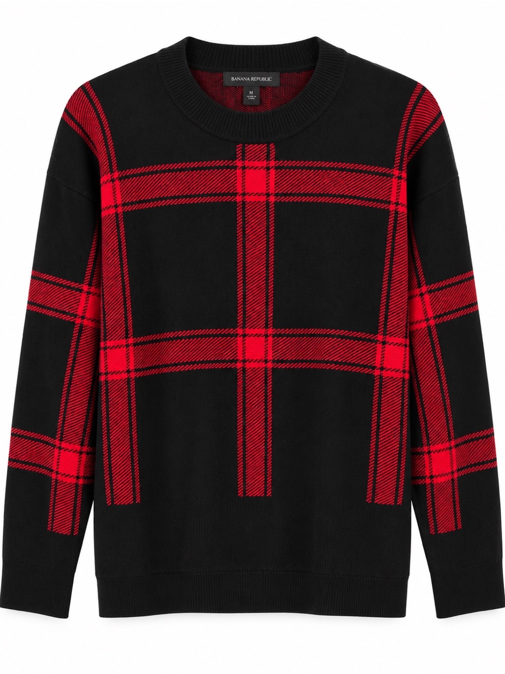 Banana Republic Plaid Crewneck Sweater - Black Red, Size M